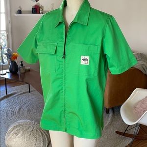 Stussy green twill zip shirt with collar